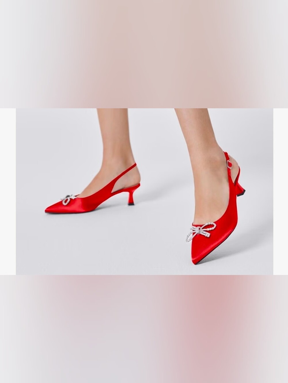 Red Satin Slingback Kitten Heel Pumps with Crystal Bow Sz 8.5